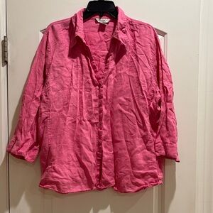 David N Women Plus Size 3X Pink Linen Button Down Vneck Shirt Top